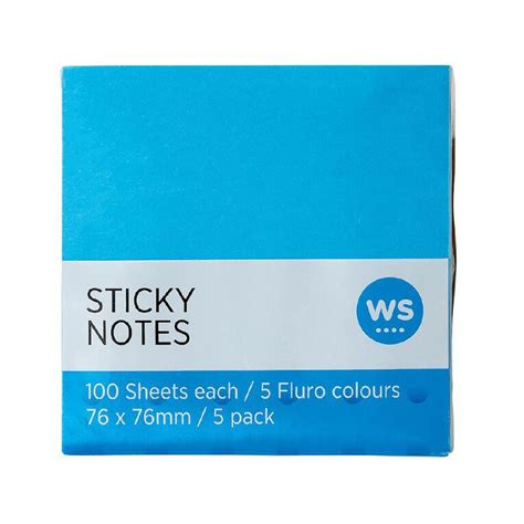 Ws Fluro Sticky Notes 76mm X 76mm 5 Pack Multi Coloured Multi Coloured