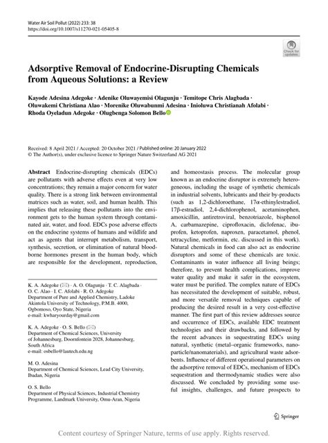 Adsorptive Removal Of Endocrine Disrupting Chemicals From Aqueous