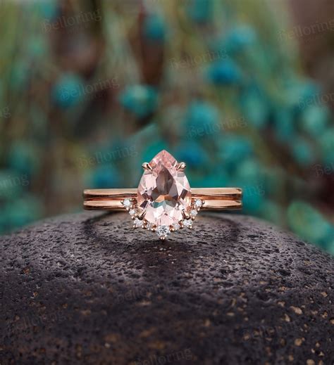 Pear Shaped Pink Morganite Engagement Ring Set Art Deco Etsy