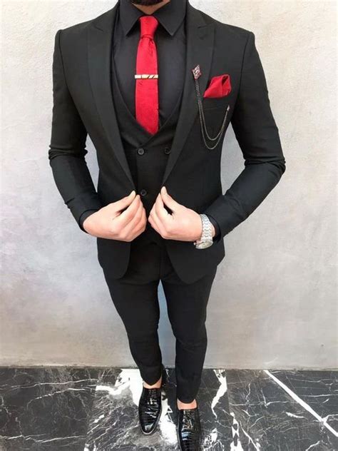 Black Suit Red Tie Mens Red Suit Black Prom Suits Black Three Piece