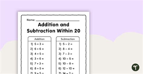 Addition And Subtraction Within 20 Worksheet Teach Starter