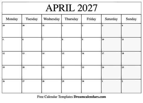 April 2027 Calendar Free Printable With Holidays And Observances