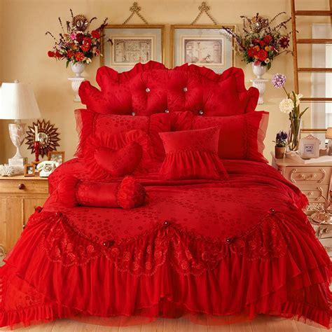 Red Luxury Jacquard Silk Princess Bedding Set 4pcs Silk Lace Ruffles