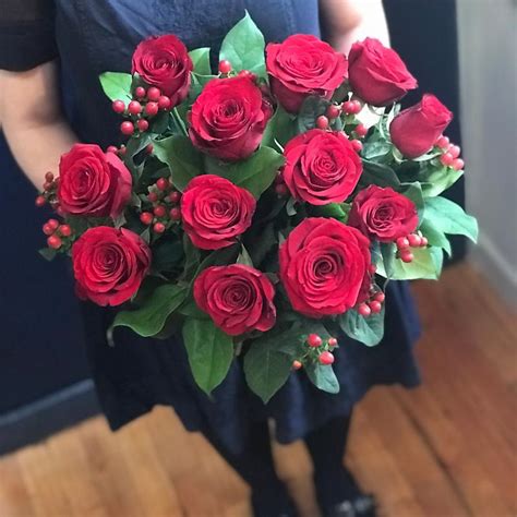 Twelve Red Roses Fresh Flower Bouquet Hand Tied Collection Of 12 Red