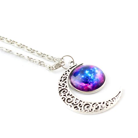 Women Galaxy Universe Crescent Moon Glass Cabochon Pendant Necklace