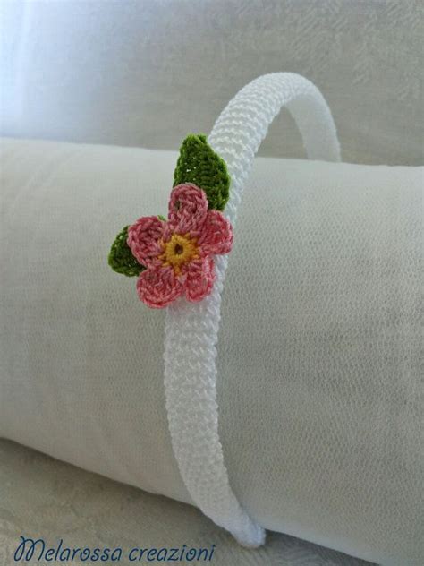 Hairband White Jewel With Pink Flower Ooak Handmade Crochet In Lisle