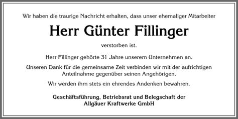 Traueranzeigen von Günter Fillinger Allgäuer Zeitung