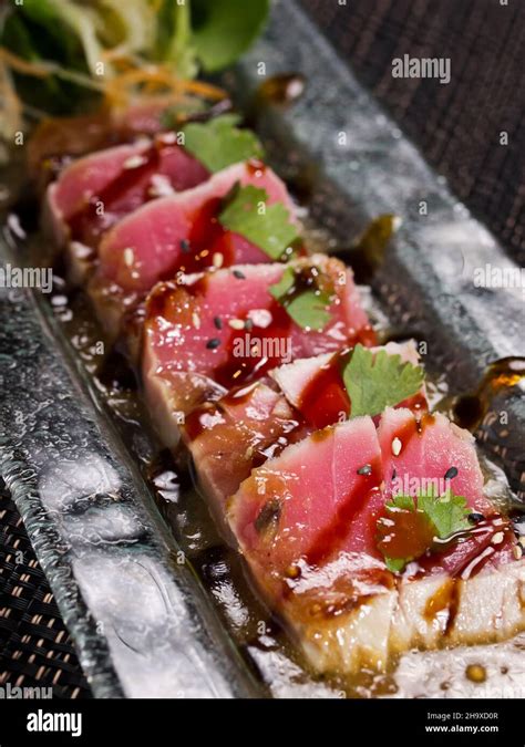 Fried Tuna Fish Steak Tataki Sliced Steak Of Tuna In Sesame And Fresh