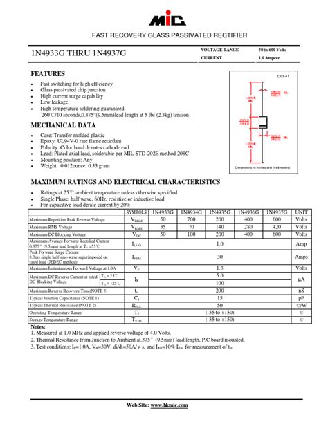 1N4935G MIC RECTIFIER Hoja de datos Ficha técnica Distribuidor