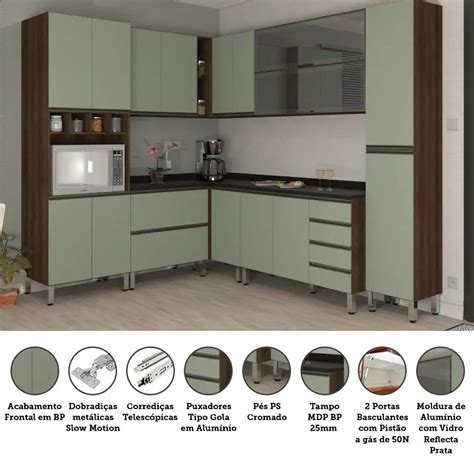 Cozinha Modulada Completa de Canto Tampo 8 Peças 17 portas Jade