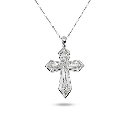 14K & 18K White Gold Step Cut Kite Diamond Cross Pendant & Chain Neckl