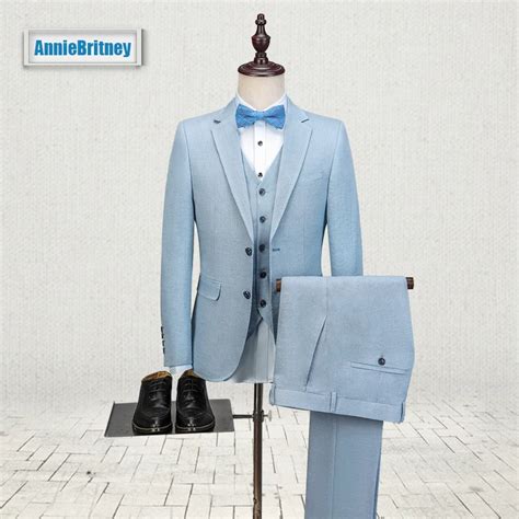 2017 Latest Coat Pant Designs Light Blue Linen Men Suit Slim Fit 3