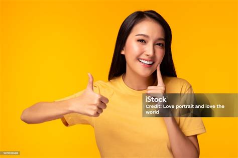 Happy Woman Take Care Tooth Give Thumb Up Young Lady Has Nice Smile