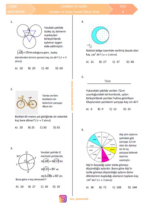 7 SINIF ÇEMBER VE DAİRE GENEL TEKRAR TESTİ Test Matematik