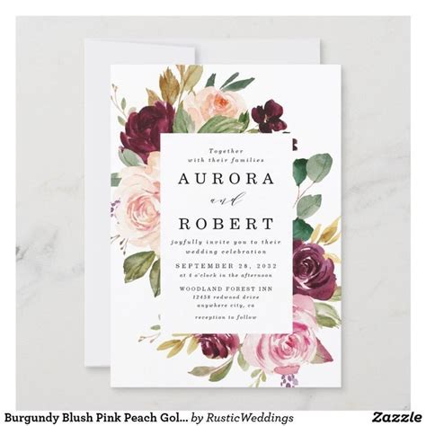 Navy Blue Burgundy Blush Pink Gold Rustic Wedding Invitation Zazzle