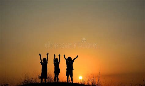 Silhouette of Three Children Friendship at Sunset.People Friends Stock ...