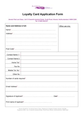 Fillable Online Alnwickpaintandglass Co Loyalty Card Application Form