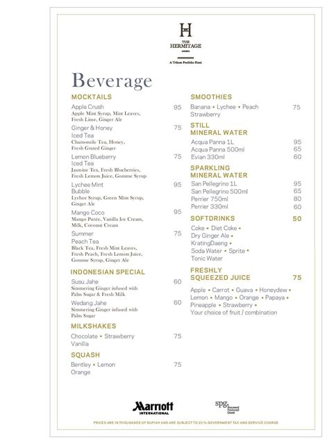menu  lavenue restaurant jakarta  hermitage
