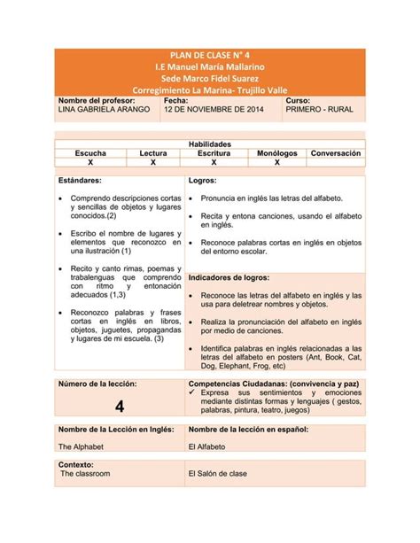 Plan De Clase 4 Lina Gabriela Arango MY ABC ENGLISH KIT PDF