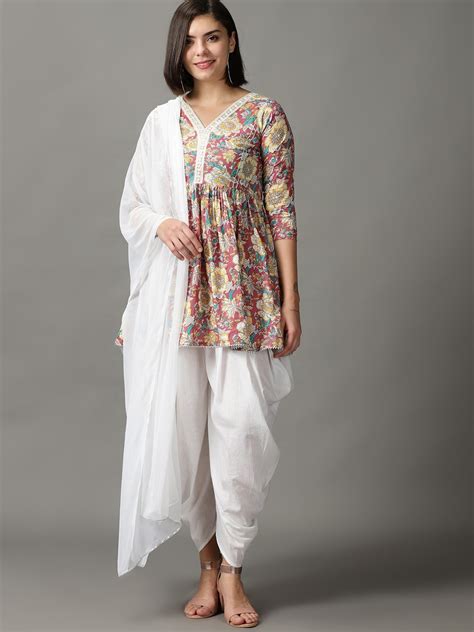 Buy Divination Floral Printed Pure Cotton Kurta With Dhoti Pants With