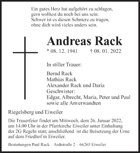 Traueranzeigen Von Andreas Rack Saarbruecker Zeitung Trauer De