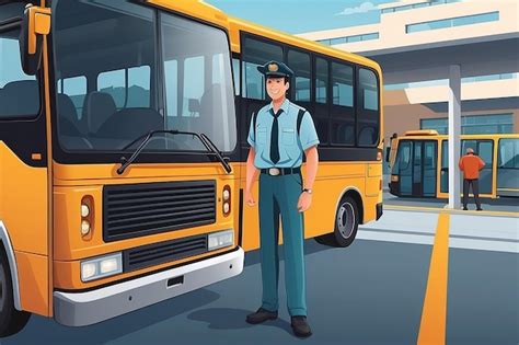 Una Ilustración Vectorial De Un Conductor De Autobús De Pie Frente Al