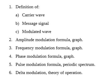 SOLVED: 1. Definition of: a) Carrier wave b) Message signal c) Modulated wave 2. Amplitude ...