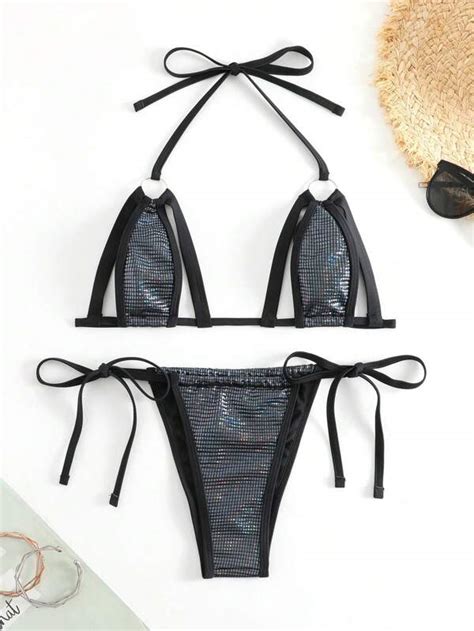 Ring Linked Cut Out Halter Triangle Bikini Swimsuit Shein Usa