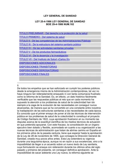 LEY GENERAL DE SANIDAD LEY 25 4 1986 LEY GENERAL DE SANIDAD BOE 29 4