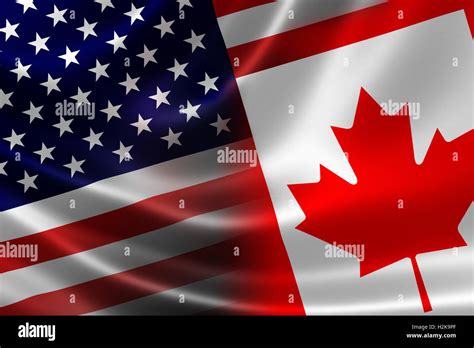 3D rendering of a merged Canadian-USA flag on satin texture. Concept of ...