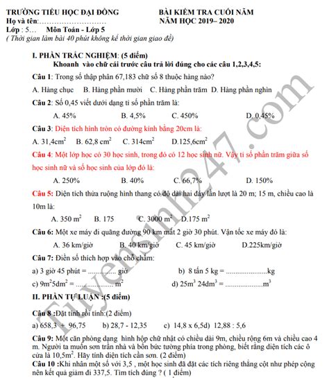 Đề thi kì 2 môn Toán lớp 5 TH Đại Đồng 2020