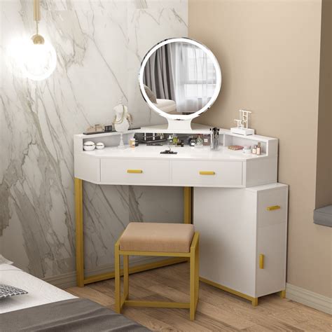 Pakasept Corner Vanity Set With Lighted Mirror Makeup Dressing Table With Drawers Cabinet And