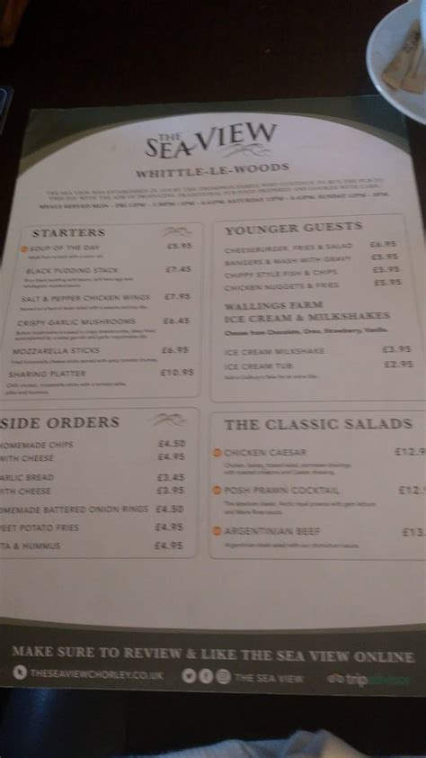 Menu At Sea View Inn Pub Bar Chorley Preston Rd