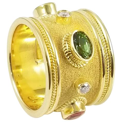 Georgios Collections 18 Karat Yellow Gold Diamond Multi Gemstone Wide Band Ring For Sale At