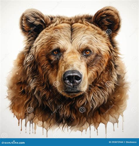 Hyper Realistic Grizzly Bear Portrait With Dripped Paint Stock