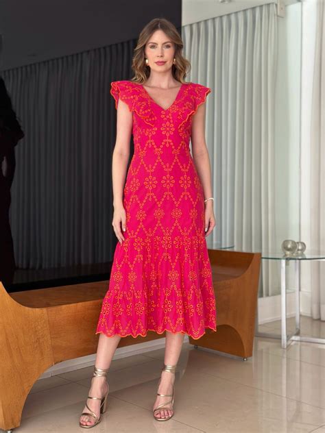 Vestido Midi Laise Babados Rosa