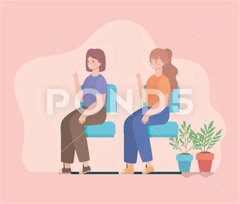 Happy Women Cartoons Sitting On Seats Vector Design Royalty Free