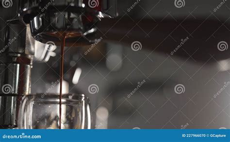 Low Angle Shot Of Pulling Espresso With Naked Portafilter Stock Photo