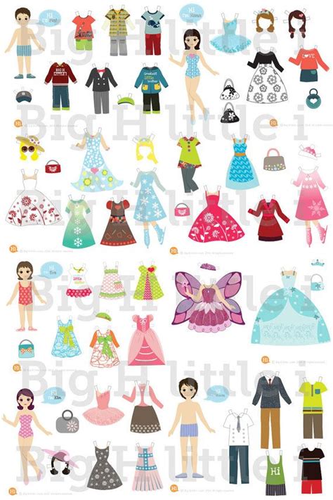 an image of paper dolls with clothes and shoes on them, all in different colors