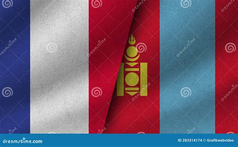 Mongolia And France Realistic Two Flags Together Stock Illustration