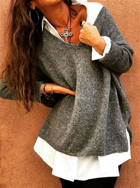 Gray Casual Tops V Neck Long Sleeve Solid Sweater Clothes For Women