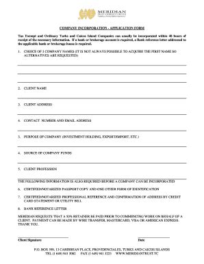 Fillable Online COMPANY INCORPORATION Application Form Meridian Trust