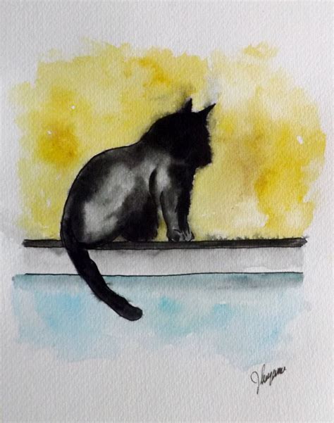 Original Watercolor Black Cat Painting by pinetreeart on Etsy