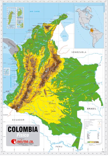 Mapa Físico de Colombia Impreso en Tela Pvc Tipo Poliéster De 70 x