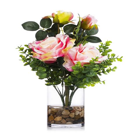 Enova Home Artificial 2 Large Silk Roses Flowers And Mixed Greenery Arrangement In Clear Glass