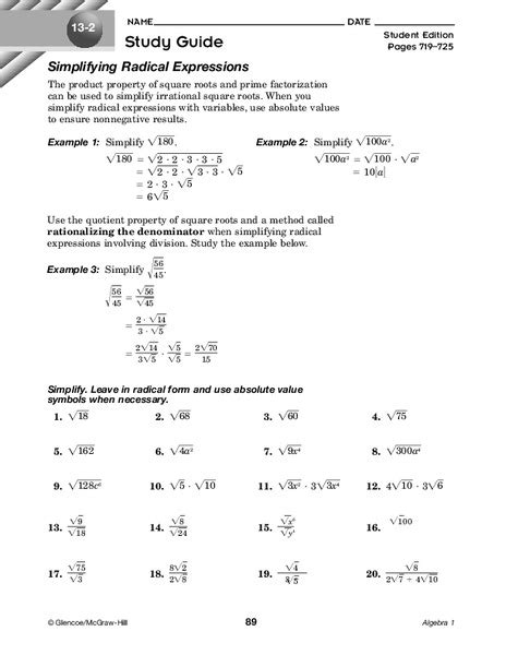 Simplifying Radical Expressions Worksheets