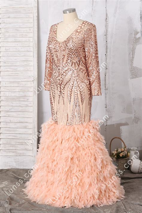 Plus Size Rose Gold Long Sequin Feather Prom Dress Feather Prom Dress