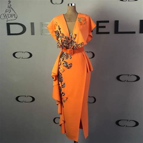 Orange Stretchy Satin Tea Length Prom Dresses Sheath V Neck Ruffles