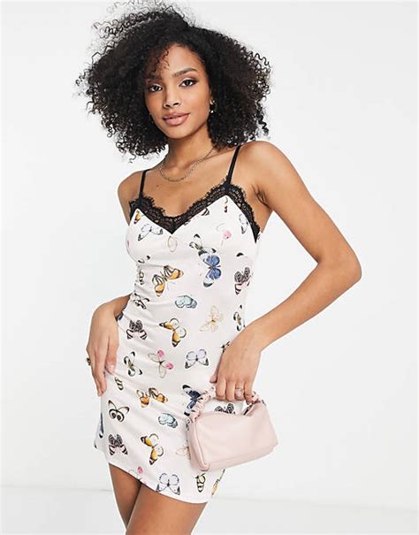 Miss Selfridge Lace Trim Satin Mini Dress In Butterfly Print Asos