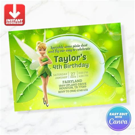 Tinkerbell Birthday Invitation Fairy Birthday Invite Editable Template